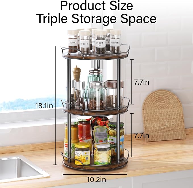 10'' Rotating Spice Rack, 3-Tier Lazy Susan Turntable Organizer | Wooden, for Cabinet, Table Top, Kitchen Countertop, Pantry, Bathroom, Vanity, Home Decor - Image 2