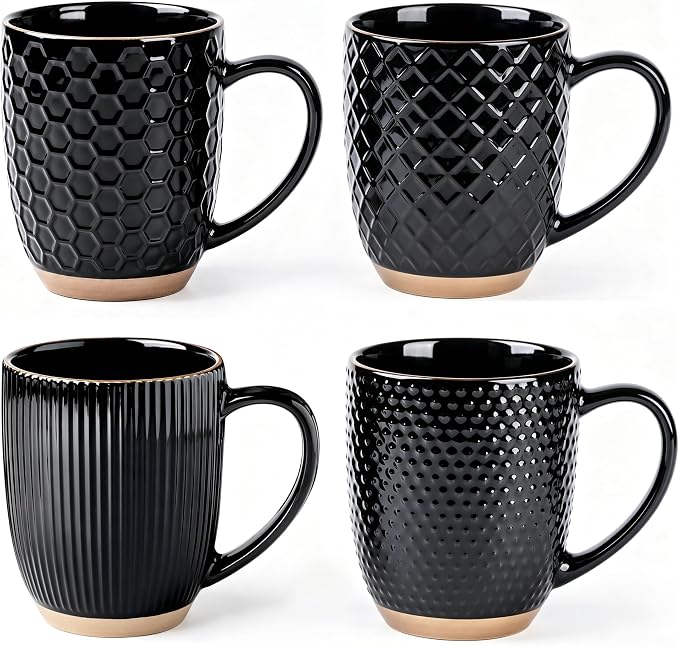 GBhome Large Coffee Mugs Set of 4, 16oz Handmade Embossed Coffee Mugs Set with Large Handle for Cappuccino/Latte/Tea/Hot Cocoa, Dishwasher & Microwave Safe, Black by GBhome
