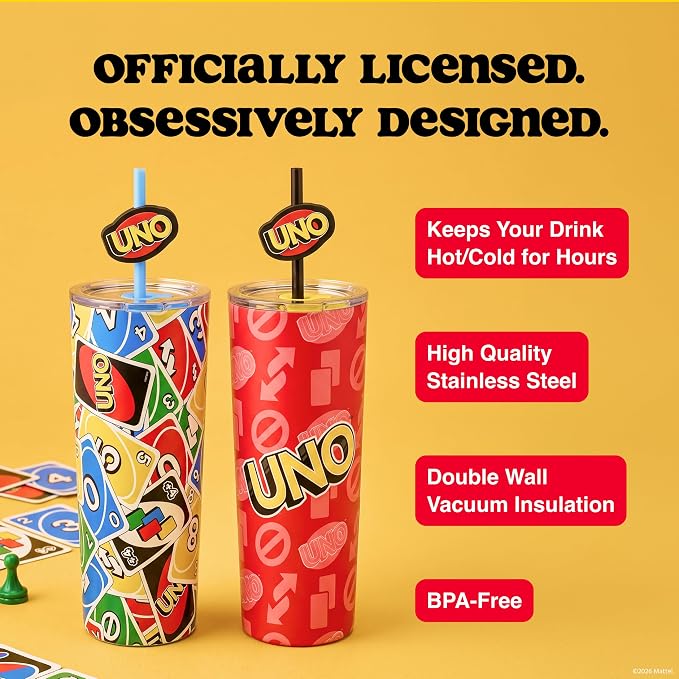 Dragon Glassware x UNO Stainless Steel Tumbler with Straws, 24 oz 2-Pack | Vacuum Insulated Stainless Steel Tumbler with Straws & Lids; Double Walled Tumbler with Straw Topper; Official UNO Merch - Image 3