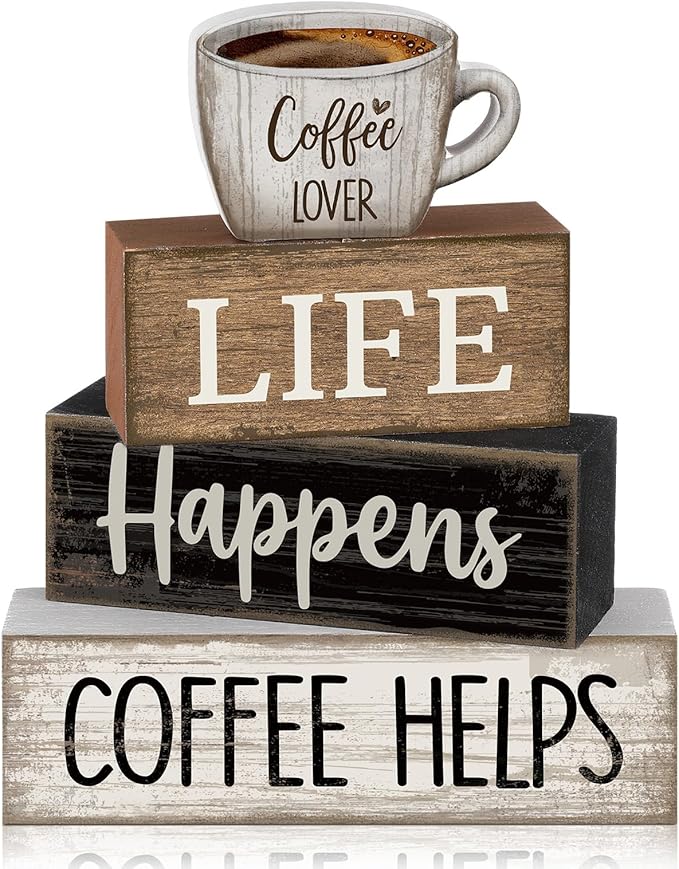 Moucuny 4 Pcs Farmhouse Coffee Bar Table Decor Vintage Wooden Stacked Block Sign - 'life Happens Coffee Helps' Table Centerpiece Rustic Wood Bar Sign Gift for Home Kitchen Shelf Tiered Tray Decor by Moucuny