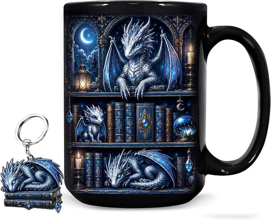 Hyturtle Dragon Bookshelf Coffee Mug 15 Oz, Book Lover Gift For Women by Hyturtle
