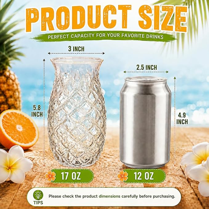 6 Pack Pineapple Drinking Glasses with Straws, 17 Oz Cocktail Cups | Clear Pina Colada Glass Bottles, Retro Relief Pineapple Cups Glassware Set for Cocktail, Juice, Water, Milk - Image 2