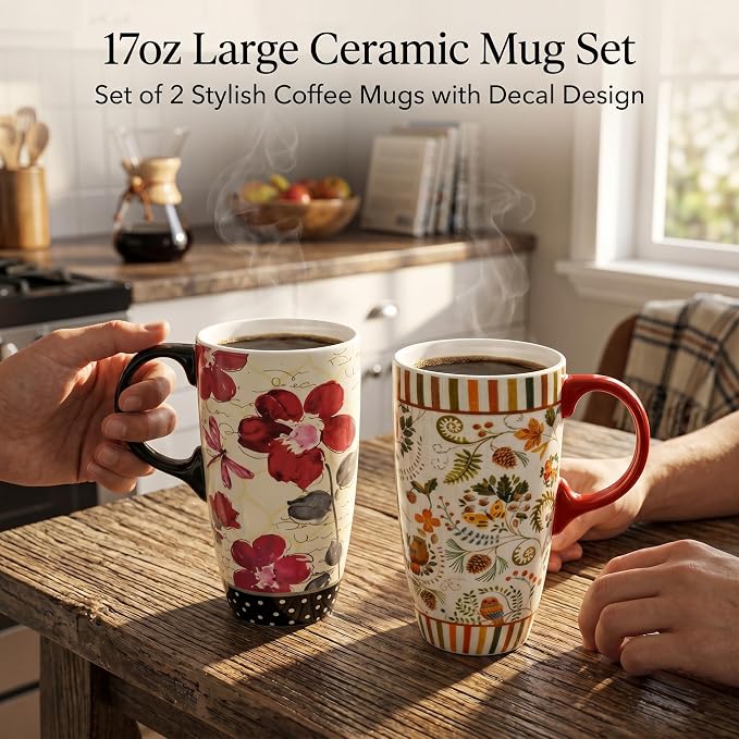 Topadorn Set of 2 Ceramic Travel Mug with Lid, 17oz Ceramic Coffee Mug | Nature Inspired Floral & Woodland Design, Microwave & Dishwasher Safe, Gift Boxes Included - Image 2