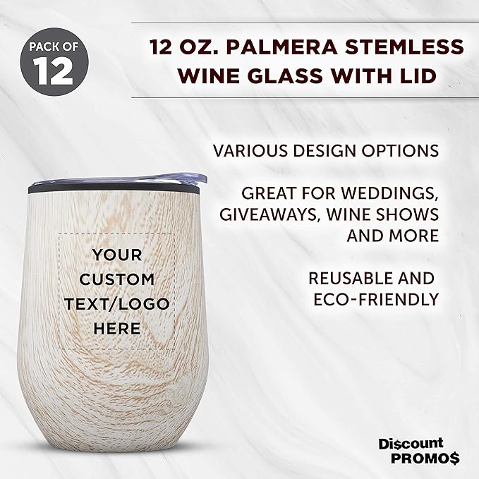 Custom Palmera Stemless Wine Tumblers with Lids 12 oz. Set of 12, Personalized Bulk Pack - Perfect for Wine, Cocktails, Other Hot & Cold Beverages - Ashwood