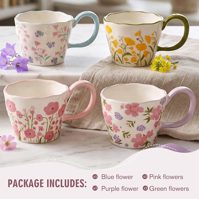 Cute Floral Coffee Mug Set of 4-12oz Ceramic Flower Embossed Cups with Petal Handles, Dishwasher and Microwave Safe - Image 5