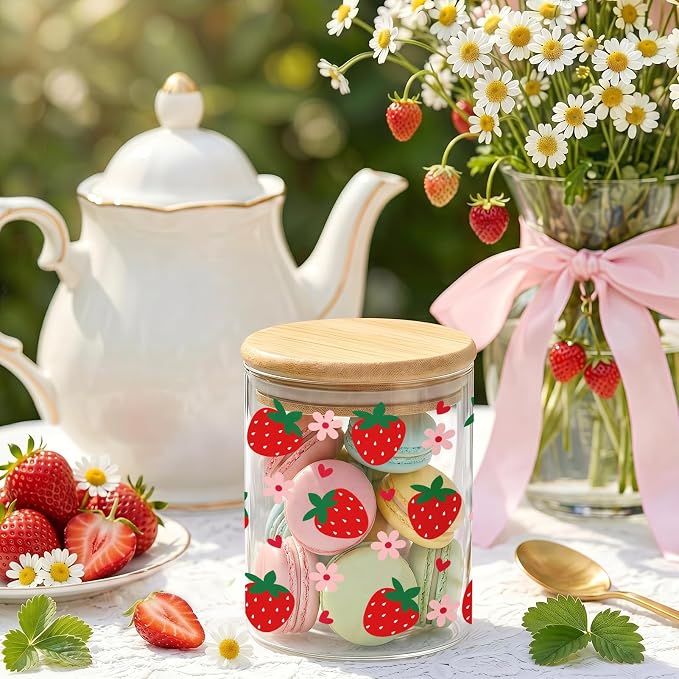 Strawberry Glass Storage Jars with Lids, Candy Cookie Jars, 3 Pcs | Cute Strawberry Candy Cookie Jars Canister Set for Girls Women Summer Containers Home Kitchen Counter Decor - Image 2