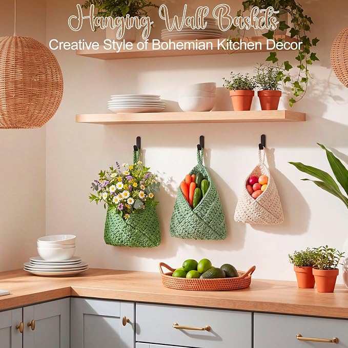 Honeydak Boho Decor Hanging Wall Baskets for Kitchen 3 Pack Teardrop Baskets with Hooks Storage Fruit Onion Vegetable Potato for Home 3 Sizes(Sage Color Palette,Triangle,Cotton Rope) - Image 6