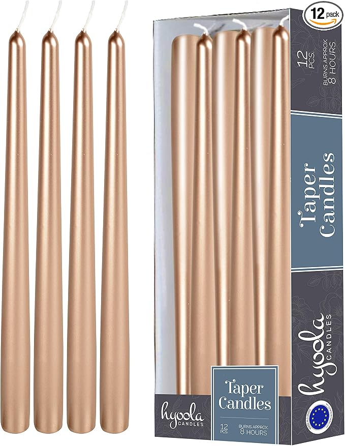 Hyoola 12 Pack Tall Metallic Taper Candles - 10 Inch Copper Metallic, Dripless, Unscented Dinner Candle - Paraffin Wax with Cotton Wicks by Hyoola