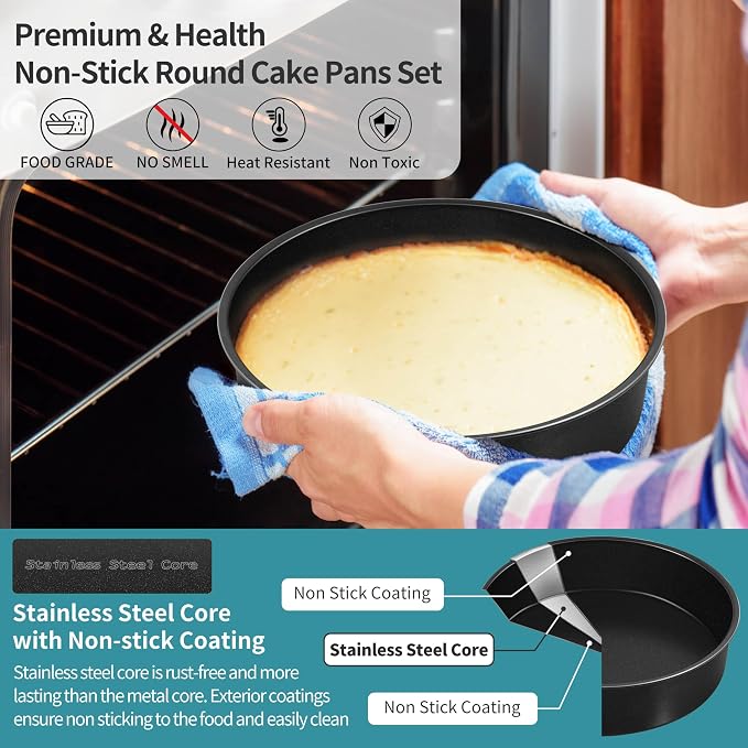 P&P CHEF 4/6/8/9.5 Inch Cake Pan Set, Non-stick Baking Pans for Cake, 4Pcs | Round Cake Baking Tins for Tier Smash Cakes, Bread, Non-Toxic & Solid, Stainless Steel Core & Leak-Proof, Black - Image 4