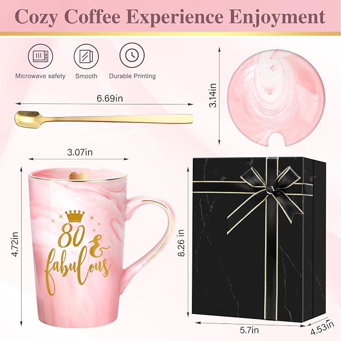 80th Birthday Gifts for Women, Best Gifts for 80 Year Old Grandma, Mom, Sister, Friend, Fabulous 80, 1946 Birthday Gifts for Women, 14oz Pink Marble Coffee Mug with Crown Gold Print & Gift Box - Image 4