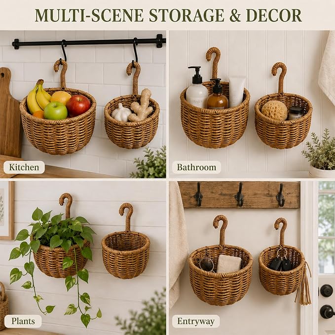2 Pack Hanging Wall Storage Basket, Woven Rattan Organizer，WARM ORANGE | Rustic Hand woven wall organizer with hook for kitchen, bathroom and entryway storage, Space-saving decor for modern homes - Image 7