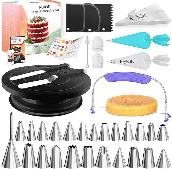 RFAQK 90 PCs Cake Decorating Kit for Beginners Includes Video Course, Booklet + Baking Supplies Gift - Cake Stand, Leveler, 24 Numbered Piping Tips, Straight & Offset Spatula, & Scraper sets