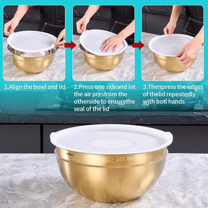 4 Piece Gold Mixing Bowls With Lids for Kitchen, Stainless Steel Set Ideal for Baking, Prepping, Cooking and Serving Food, Nesting Metal Bowls for Space Saving Storage - Image 3