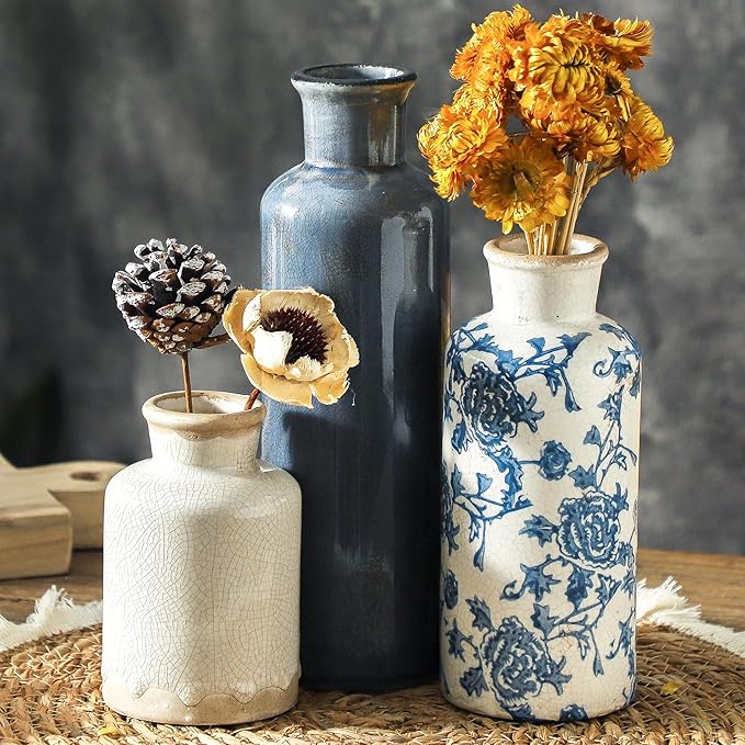 ooit Ceramic Vintage Vases Set of 3, Blue and White Flower Decorative Vase Chinoiserie Decor Rustic Farmhouse Retro Floral Vases for Table Bookshelf Mantel Kitchen Living Room Office by ooit