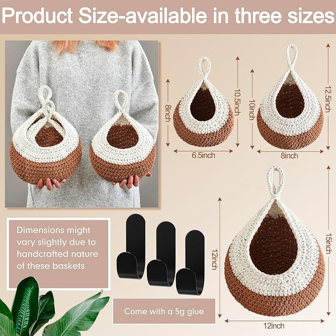 Honeydak Boho Decor Hanging Wall Baskets for Kitchen 3 Pack Teardrop Baskets with Hooks Storage Fruit Onion Vegetable Potato for Home 3 Sizes(White and Beige,Teardrop,Cotton Rope) - Image 2