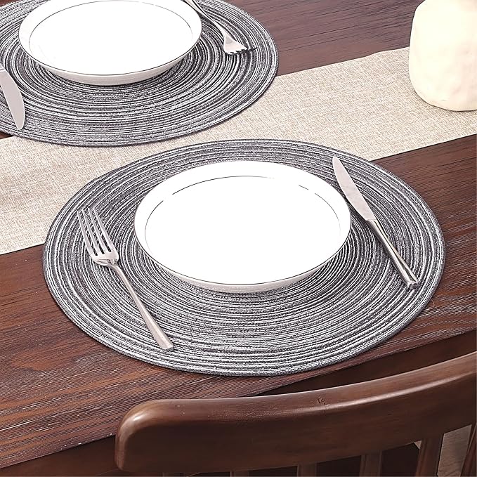 SHACOS Round Braided Placemats Set of 8 Round Table Mats for Dining Tables Non Slip Washable (Black Grey, 8) - Image 7