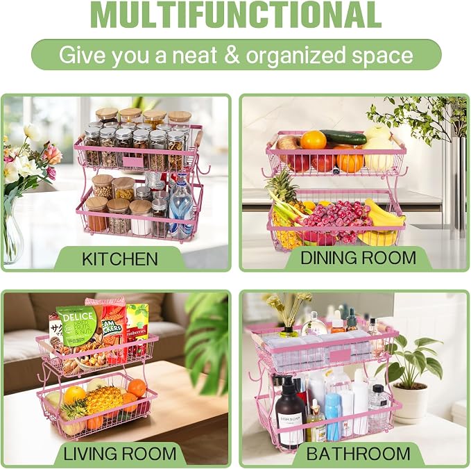 Fruit Basket Bowl 2 Tier Detachable with 2 Banana Hangers, Fruit Stand Holder for Kitchen Countertop, Metal Wire Vegetable Storage Organizer, for Bread Snack Veggies Produce, pink - Image 5