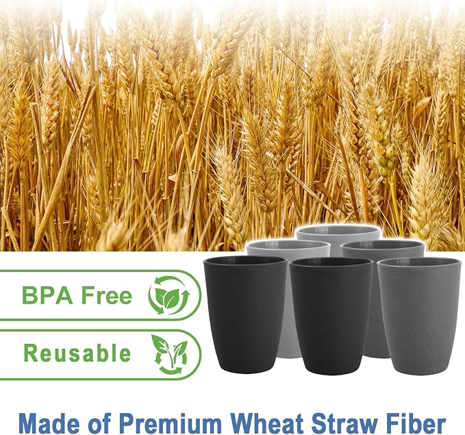 BUSOKIP12 oz Small Kids Cup, Wheat Straw Cups Sets of 6, Plastic Cups Reusable, Unbreakable Water Tumblers, Dishwasher Safe Kitchen Cup, Plastic Glasses Drinking for Camping, Party (Black, Grey) - Image 3