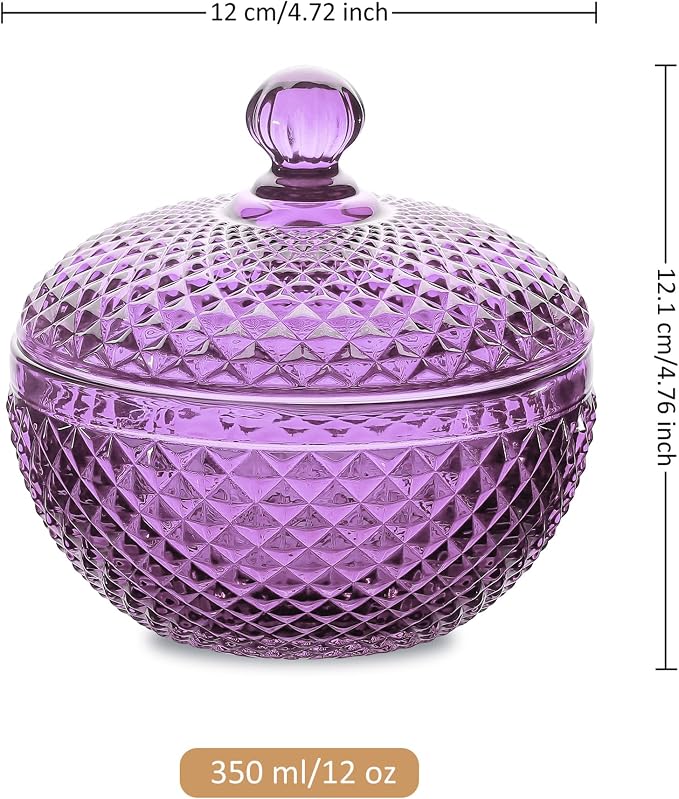 Joeyan 12 oz Small Purple Glass Jewelry Box Jars with Lid,Embossed Glass Candy Dishes,Diamond Faceted Food Container,Decorative Apothecary Canisters,Colored Kitchen Bathroom Buffet Storage Organizer - Image 7