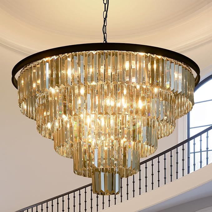 Smoke Gray Crystal Chandelier Modern Large Dining Room Light Fixture | 30''Big Black Round Chandelier,5-Tier K9 Crystal Luxury High Ceiling Pendant for Living Room,Kitchen,Foyer,Staircase,Entryway by HCCZLighting