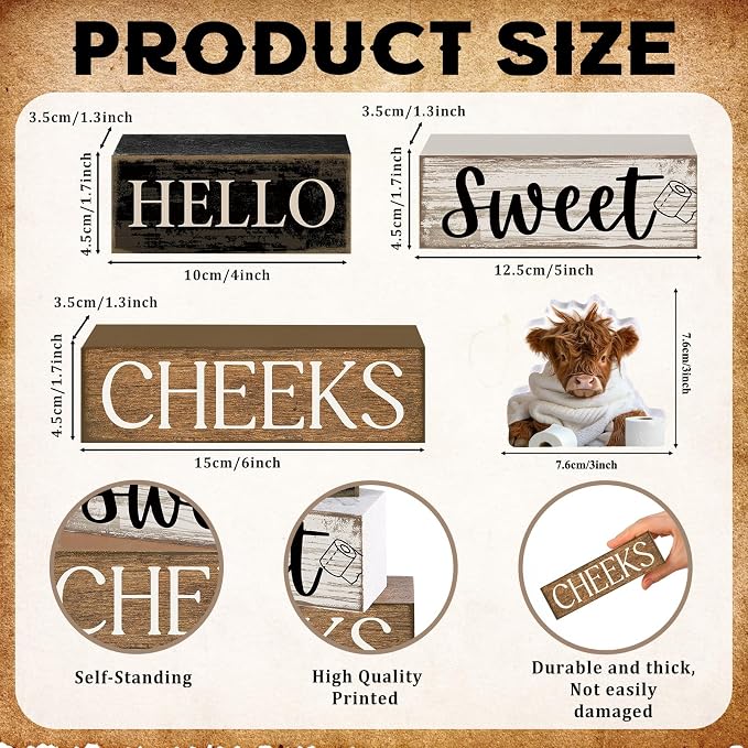Moucuny 4 Pcs Bathroom Shelf Decor Highland Cow Farmhouse Bathroom Decor and Accessories Rustic Eucalyptus Leaves Hello Sweet Cheeks Highland Cow Sign Western Table Centerpiece for Home Office Toilet - Image 3