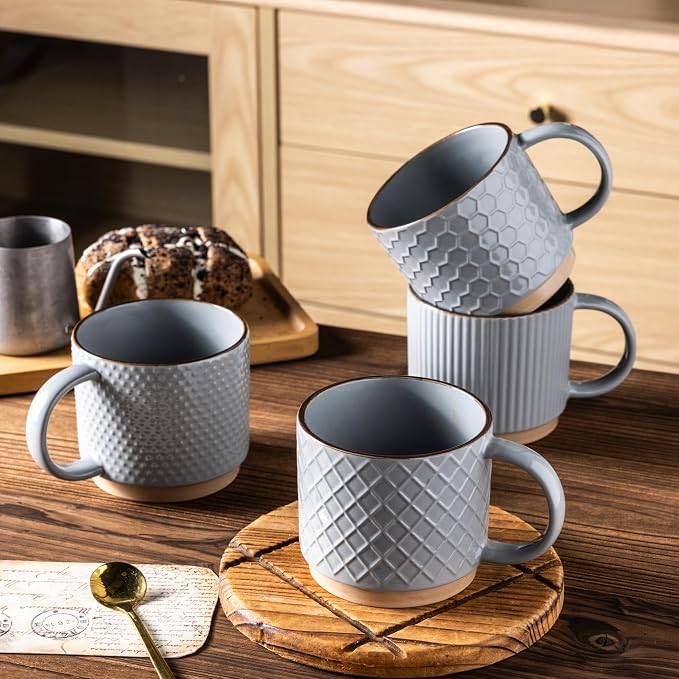 GBhome 12 OZ Stackable Coffee Mugs Set of 4, Ceramic Coffee Cups Set | 4 Assorted Designs, Embossed Mugs with Texture Patterns for Tea/Coffee, Dishwasher&Microwave Safe, Gray - Image 5