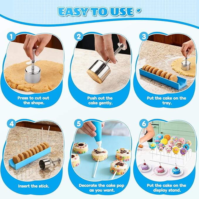 All-in-One Cake Pop Mold Set with 9 Inch Silicone Tray, Coinicxcel Stainless Steel Round Cake Pop Cutter and Pusher, Acrylic Stand, Sticks, Wrappers, Twist Ties, Baking Molds Kit for Christmas Gifts