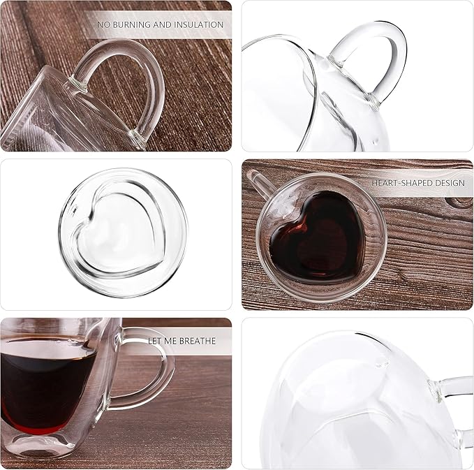 Heart-Shaped Double Wall Coffee Mugs, Set of 3 Insulated Glass Cups, 8.5 oz - Ideal for Coffee and Tea (8.5oz,3pcs)