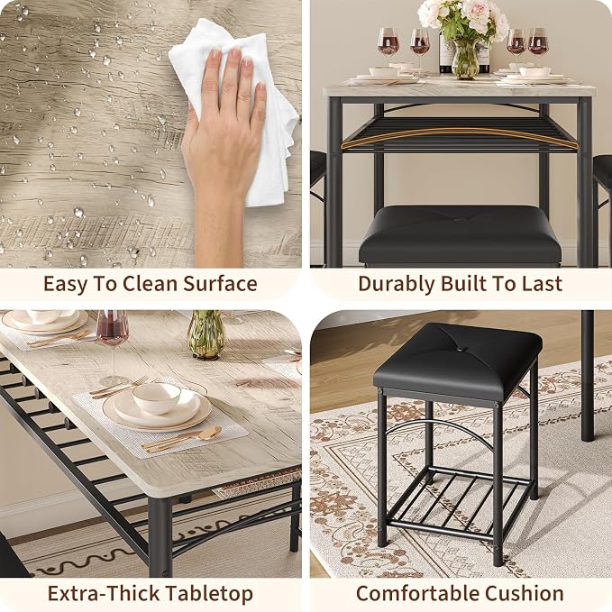 GarveeHome Dining Table Set for 4 with Upholstered Benches and 2 Stools, Modern Space Saving Kitchen Breakfast Table, Ideal for Small Kitchens, Apartments, Studios, and Compact Living Spaces - Image 3
