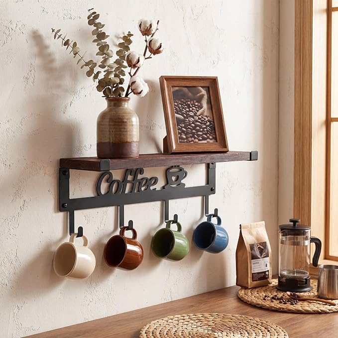 Wenqik Wall Mounted Coffee Mug Holder Black Metal and Wood with 4 Hooks Coffee Cup Holder Wall Mounted Mug Rack with Storage Shelf for Kitchen Office Farmhouse Home Decoration - Image 4