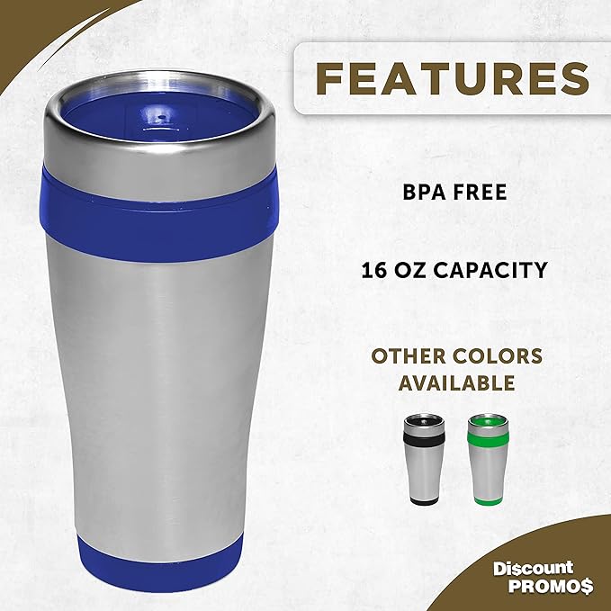 DISCOUNT PROMOS Insulated Stainless Steel Travel Mugs 16 oz. Set of 10, Bulk Pack - Perfect for Coffee, Soda, Other Hot & Cold Beverages - Blue