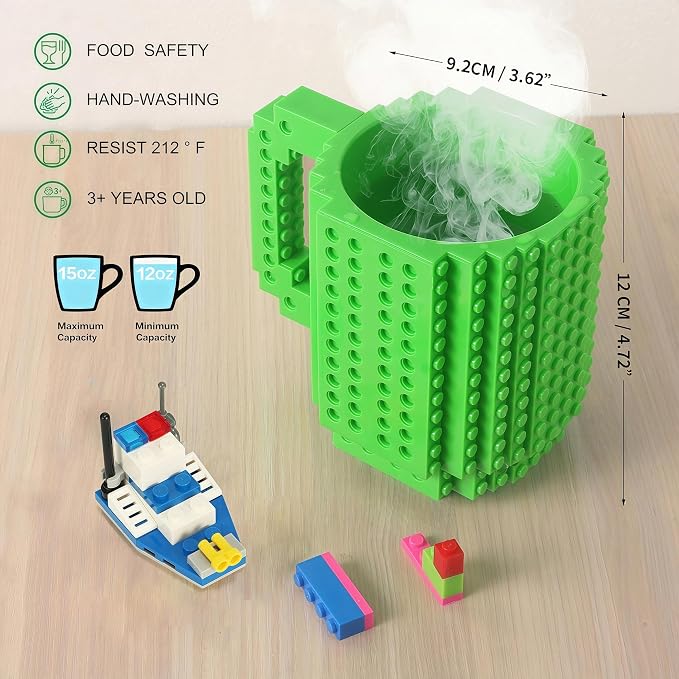 Lumsburry Build-on Brick Coffee Mug, Funny DIY Unique Novelty Drinking Cup | Building Blocks Creative Mug, for Men Women Kids Dad Mom, Present Exchange Ideas, Xmas Birthday White Elephant(Green) - Image 2
