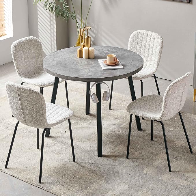 5-Pieces 37.4" Round Dining Table Set for 4,Mid Century Modern Small Coffee Table, Engineered Wood Table and Chairs Set of 4 for Kitchen, Dining Room, Office(1 Table + 4 White Boucle Chairs) - Image 4