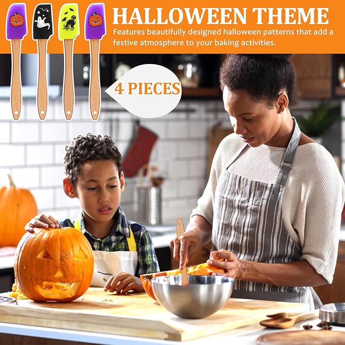Silicone Cake Icing Spatula Set Wooden Handle Non-Stick Surface Halloween Baking Tools Kitchen Utensils for Home and Bakery (Ghost Pumpkin Spider Pattern)