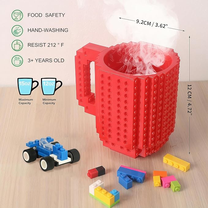Lumsburry Build-on Brick Coffee Mug, Funny DIY Unique Novelty Drinking Cup | Building Blocks Creative Mug, for Men Women Kids Dad Mom, Present Exchange Ideas, Xmas Birthday White Elephant(Red) - Image 2