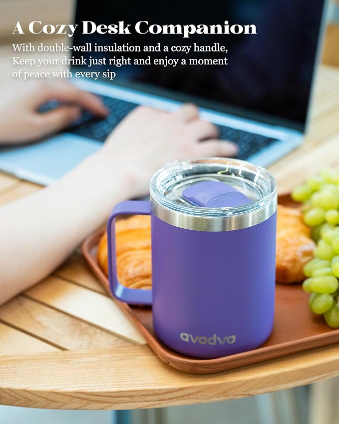 12oz Insulated Coffee Mug with Lid – Includes Two Lids, Stainless Steel Coffee Travel Mug with Handle, Double Wall Vacuum Insulated Camping Mug for Home, Office & Outdoor, Dark Purple - Image 5