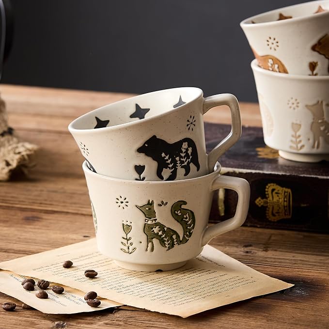 12 oz Vintage Ceramic Coffee Mug Set of 4 - Handmade Stoneware Pottery Countryside Farmhouse Fall Autumn Tea Mugs with Big Handle for Latte,Cocoa,Dishwasher & Microwave Safe Cups (Animals) - Image 7