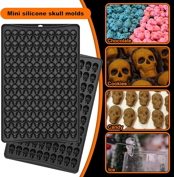 Mini Skull Molds Silicone, 100 Cavity Halloween Skull Chocolate Candy Mold | Mini Gummy Molds Skeleton for Ice Cubes, Biscuits, Cookies, Jelly, Cupcake Decorations, Pet Treats, Holiday Party, Non-Stick - Image 6