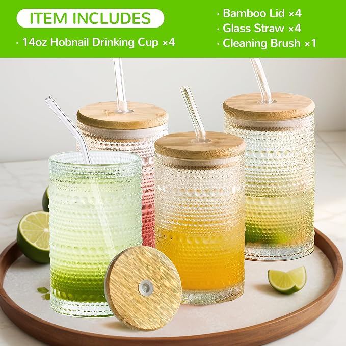 Hobnail Drinking Glasses with Bamboo Lids and Glass Straw 4Pcs Set - 14oz Vintage Glass Cups, Water Glasses, Iced Coffee Glasses, Cute Tumbler Cup, Ideal for Cocktail, Whiskey, Gift - Cleaning Brushes - Image 3