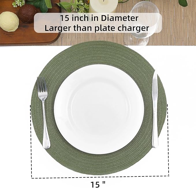 SHACOS Round Placemats Set of 4 Washable 15 inch Round Table Mats Cotton Polyester Woven Braided Place Mats for Dining Table Wedding Party Decor (Olive Green, 4) - Image 5
