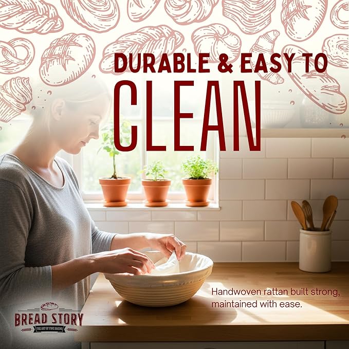 Bread Story Round Banneton Bread Proofing Basket Set – Handmade Rattan Brotform Dough Bowl with Cloth Liner, Sourdough Tools & Baking Supplies for Home Bakers – Baking Kit, 8.5 Inch