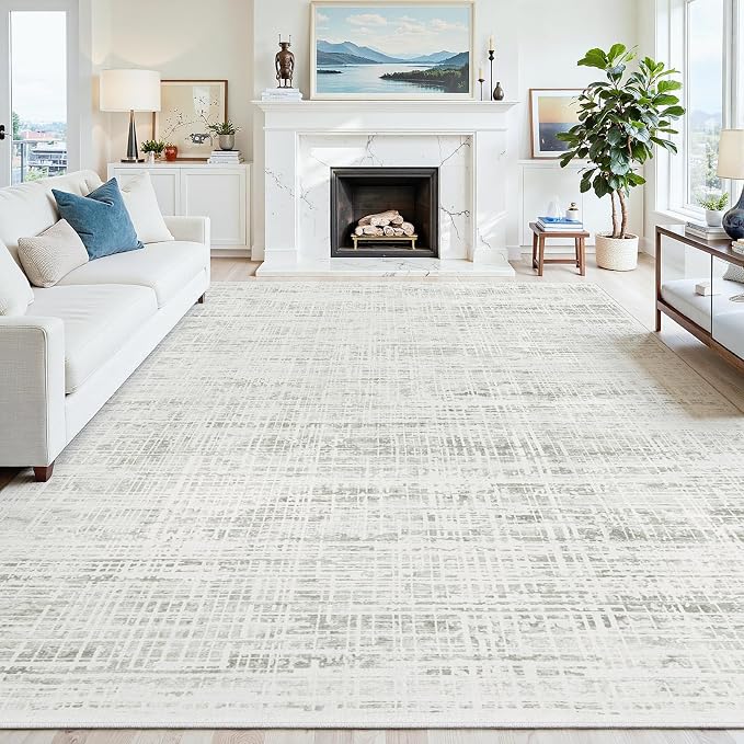 9x12 Washable Area Rug for Living Room Bedroom: Non-Slip Modern White Gray | Machine Washable TPR Backing, Stain-Resistant Low Pile, Pet & Kid Friendly, Abstract Decor for Dining Room, Dorm, Home Office by Oriannal