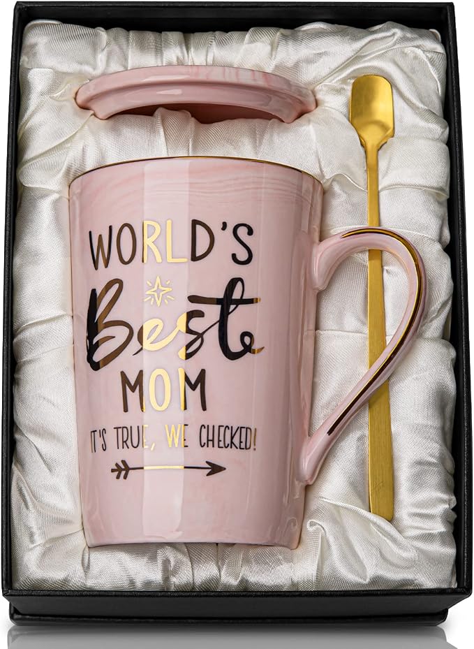 Mothers Day Birthday Gifts for Mom from Daughter Son - 14Oz Funny Best Mom Mug with Gold Print, Unique Pink Marble Coffee Cup with Lid Spoon Greeting Card, Happy Moms Gifts Idea, Luxury Gift Boxed Set by ALBISS