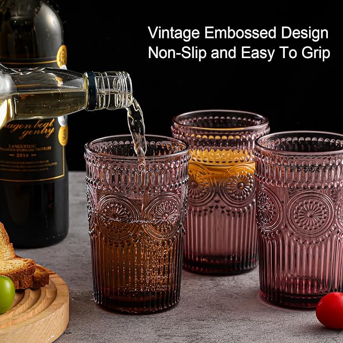ZMOWIPDL Drinking Glasses Set of 6,13oz Flower Design Purple Glass Cups | Vintage Glassware,Textured Tumblers,Embossed Striped Drinkware for Water,Cocktails,Juice,Iced Coffee - Image 7