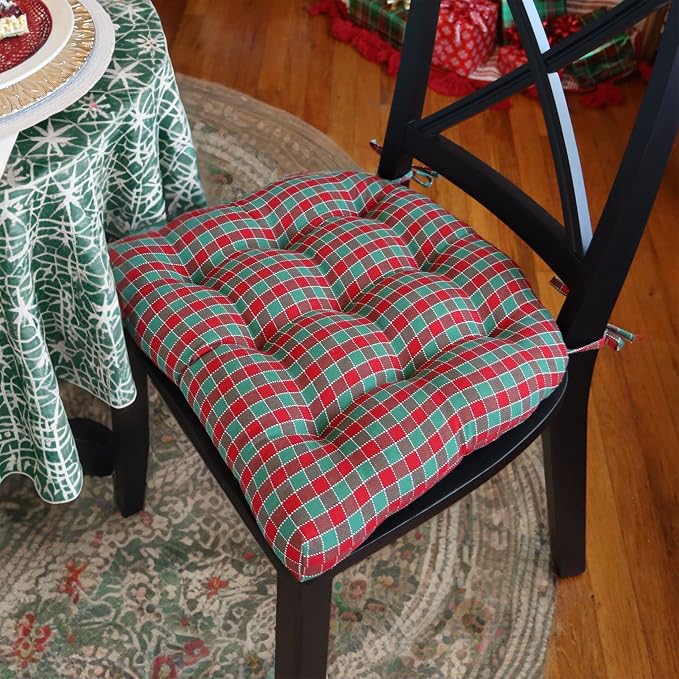 Barnett Home Decor Dining Chair Pad with Ties - Twin Check Red & Green - Size Small 15 x 17 - Latex Foam Fill Dining Chair Cushion - Machine Washable, Reversible, Checkered Christmas Colors - Image 2