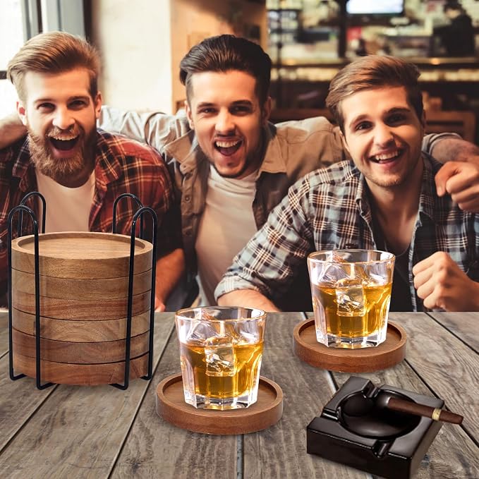 Acacia Wood Coasters Set of 8 Bar Accessories Table Decor Wooden Coaster | Rustic Vintage Drink Coaster with Holder Kitchen Decoration Cool Home Outdoor Cup Coster porta vasos Table Centerpieces - Image 6