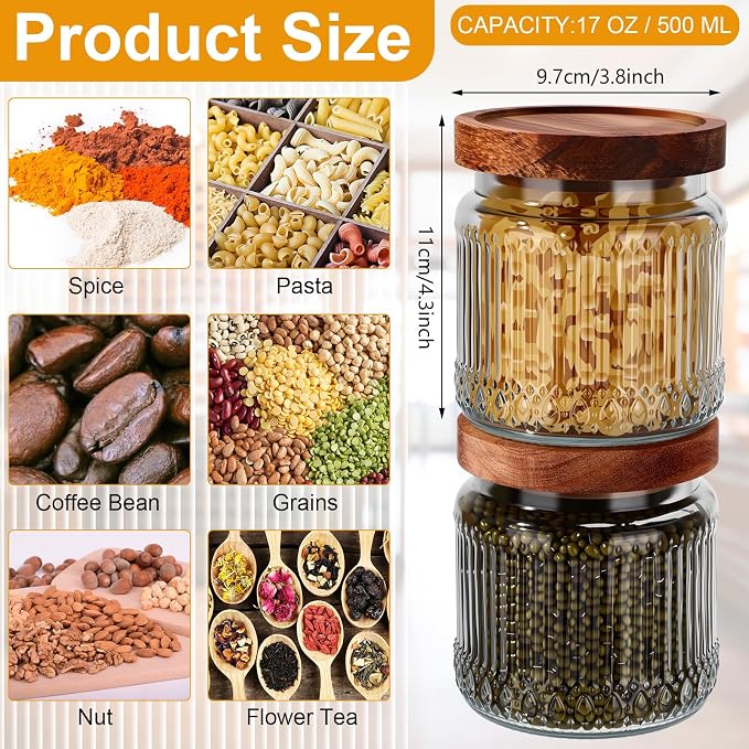 6 Pcs 500ml/17 oz Vintage Glass Storage Jar Glass Containers with Wood Lid Ribbed Pattern Airtight Kitchen Spice Containers for Pantry, Coffee Bean, Grains, Tea, Sugar, Flour, Candy, Oats - Image 2