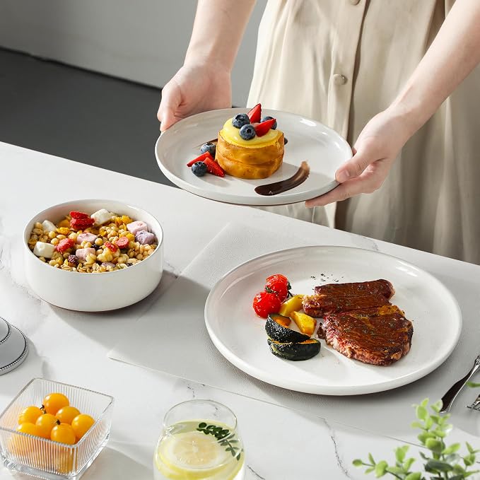 MALACASA Plates and Bowls Sets, 12 Pieces Modern Stoneware Dinnerware Set for 4 Kitchen Dinner Set Ceramic Dishware Dishes Set Microwave and Dishwasher Safe, White, Series TARA - Image 6