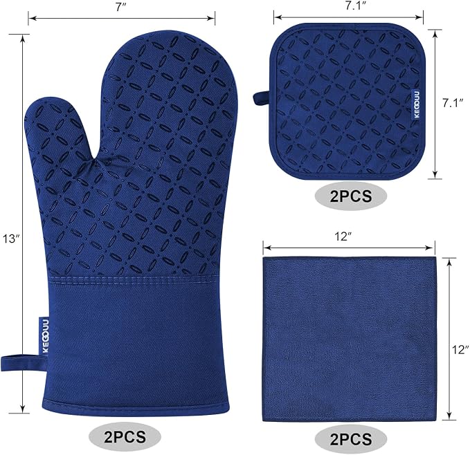 KEGOUU Oven Mitts and Pot Holders 6pcs Set, Kitchen Oven Glove High Heat Resistant 500 Degree Extra Long Oven Mitts and Potholder with Non-Slip Silicone Surface for Cooking(Marine Blue) - Image 2