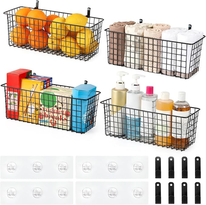 4 Set [EXTRA LARGE] Hanging Wall Mount Storage Baskets with Adhesive Hooks & Steel Hooks, Multiuse Sturdy Wire Metal Organizing Baskets for Home Kitchen Bathroom Pantry Utility Organizer, Black - Image 5